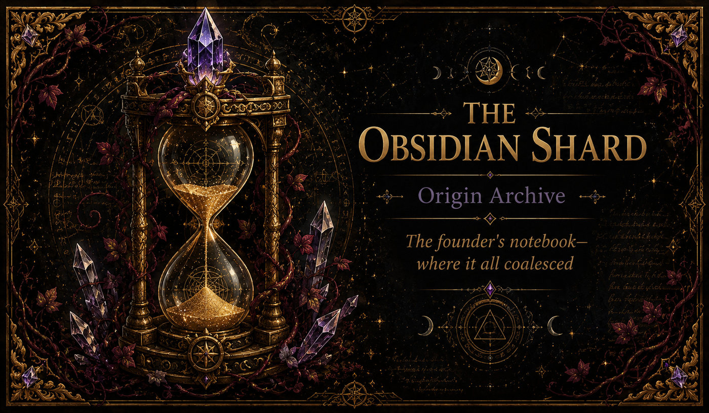 The Obsidian Shard — Origin Archive. The founder's notebook, where it all coalesced.